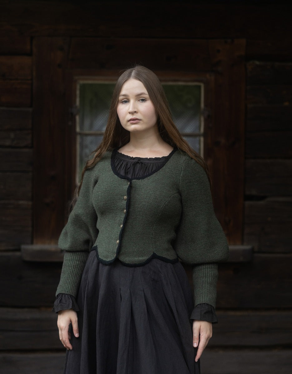 "Ilya" knitted jacket with gigot sleeves in pure wool moss