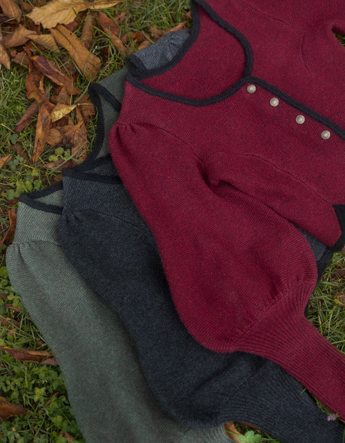 "Ilya" knitted jacket with gigot sleeves in pure wool moss