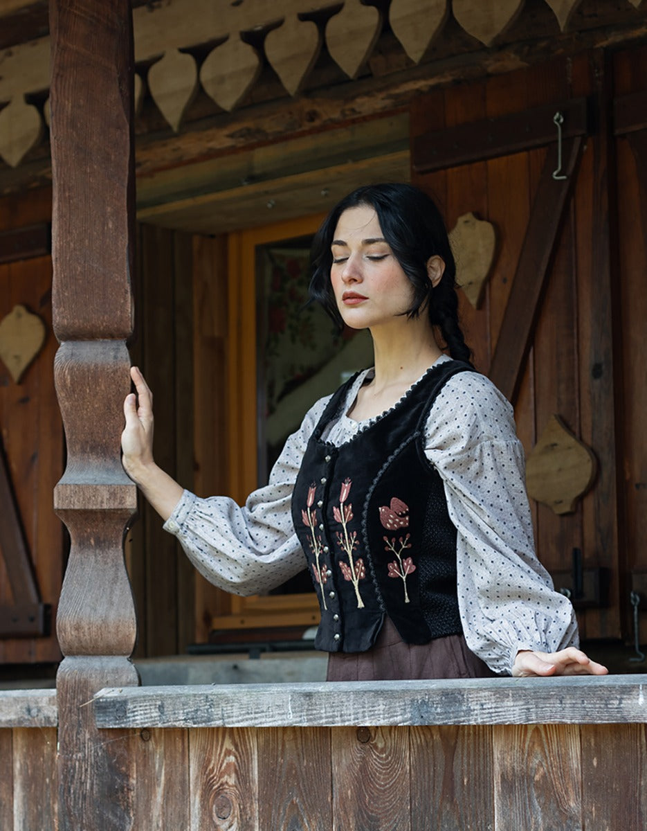 "Jelena" black velvet top with embroidered rust tulips