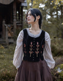 "Jelena" black velvet top with embroidered rust tulips