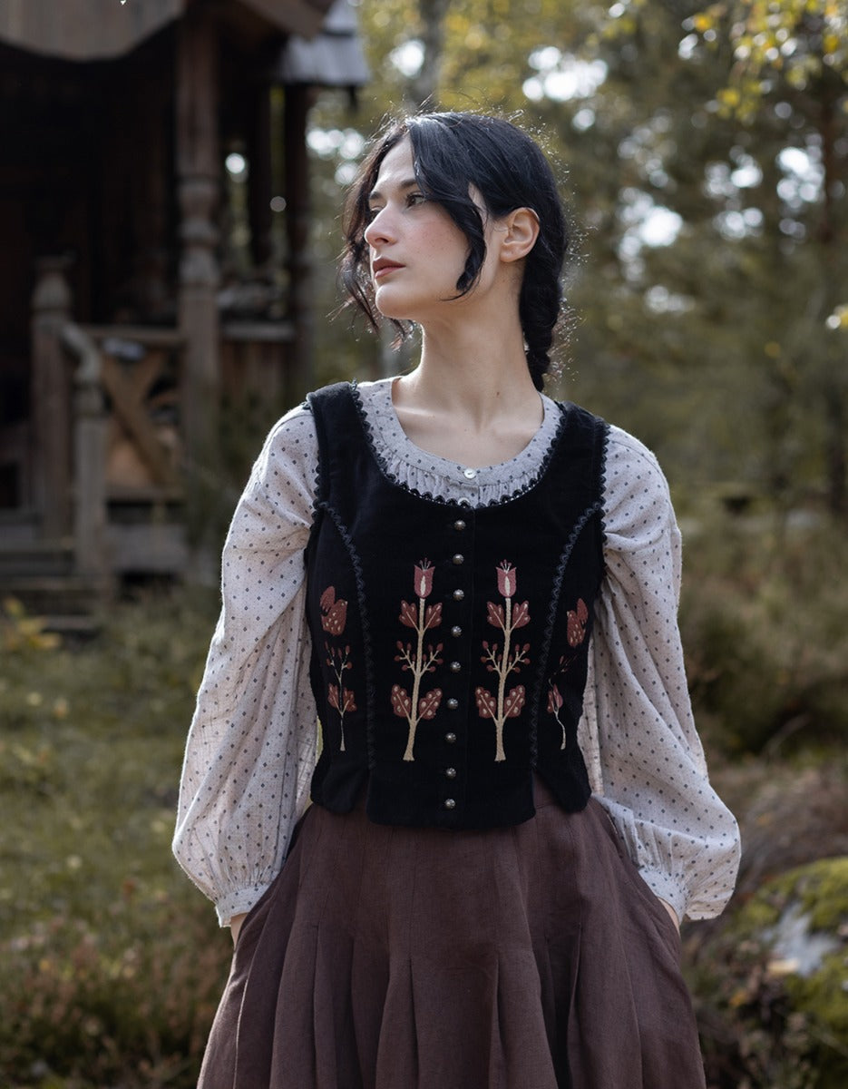 "Jelena" black velvet top with embroidered rust tulips