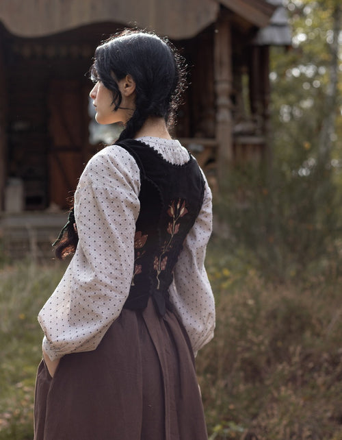 "Jelena" black velvet top with embroidered rust tulips