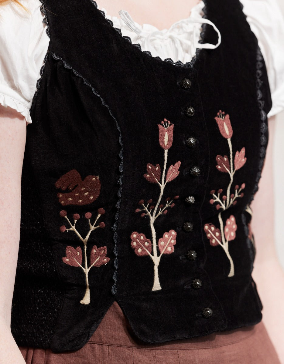 "Jelena" black velvet top with embroidered rust tulips