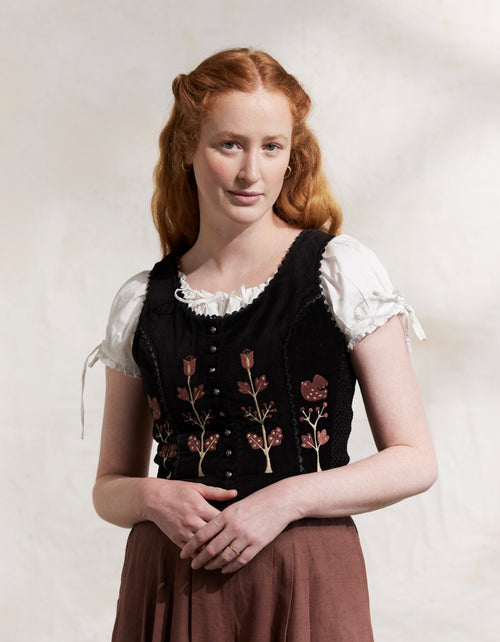 "Jelena" black velvet top with embroidered rust tulips
