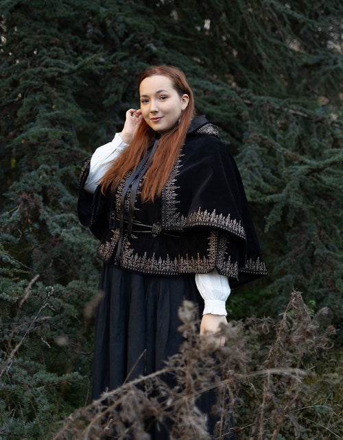 "Nelda" embroidered black velvet cape