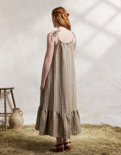"Lina" naturel linen dress with amber and green stripes