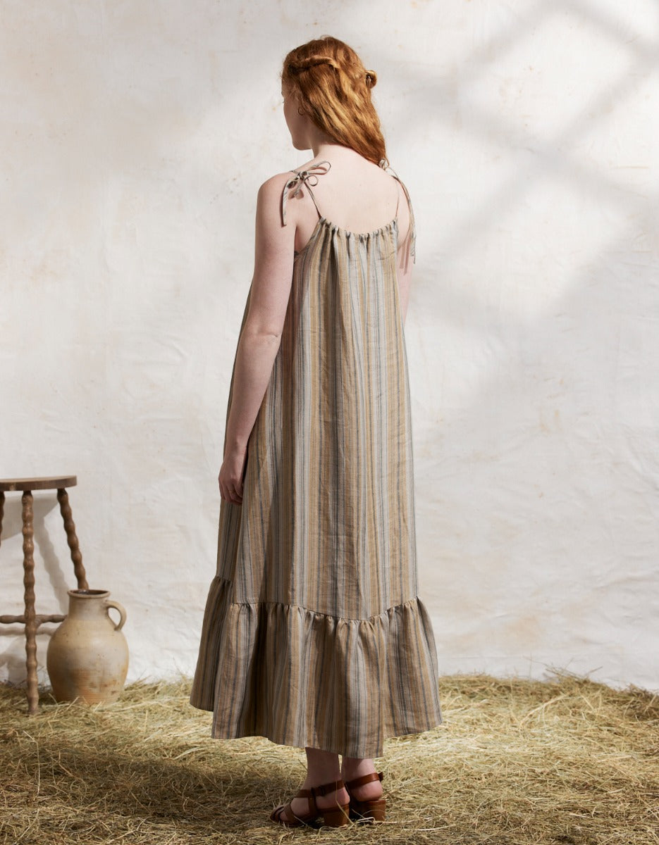 "Lina" naturel linen dress with amber and green stripes