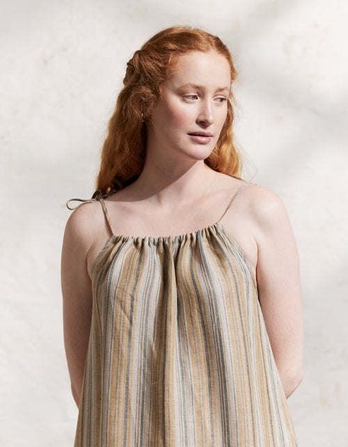 "Lina" naturel linen dress with amber and green stripes