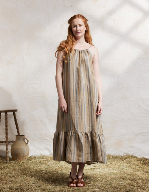 "Lina" naturel linen dress with amber and green stripes