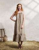 "Lina" naturel linen dress with amber and green stripes