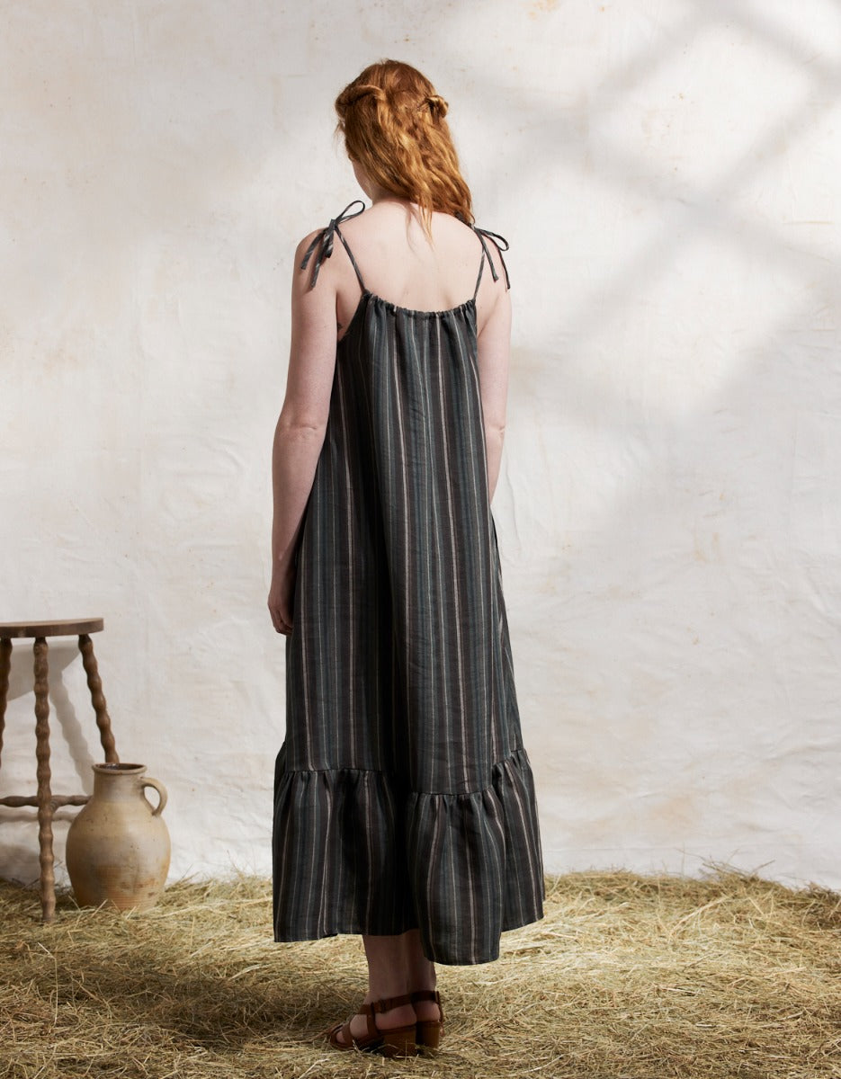 Lina naturel linen dress with brown and green stripes