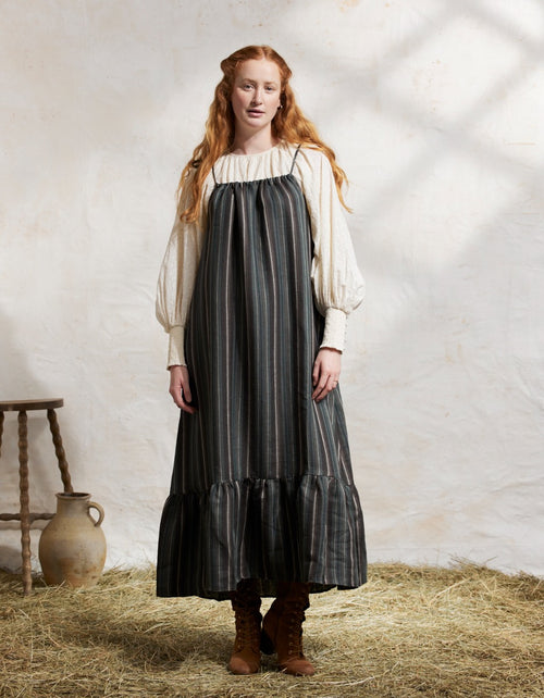 Lina naturel linen dress with brown and green stripes