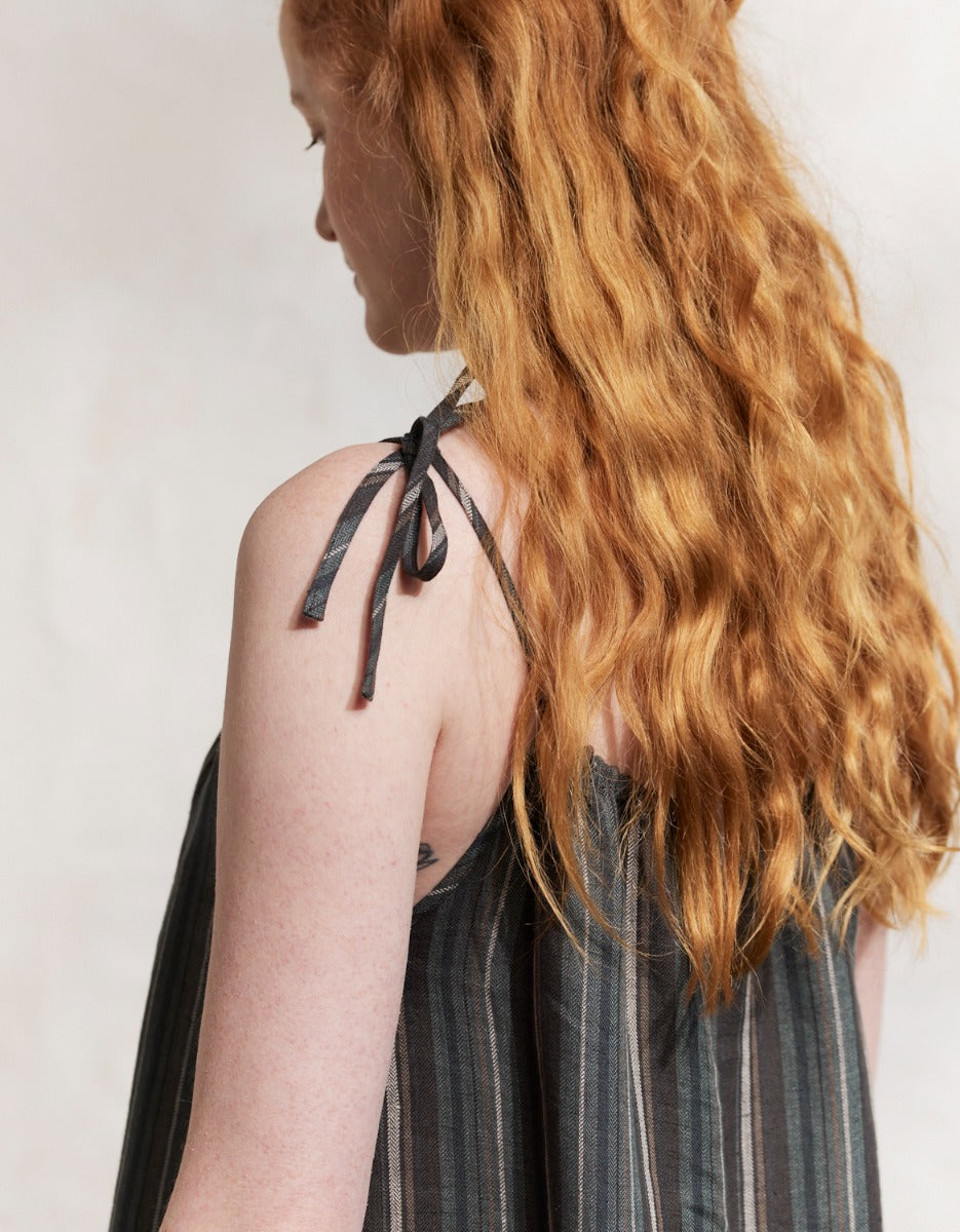 Robe 'Lina' en lin naturel rayé marron et vert