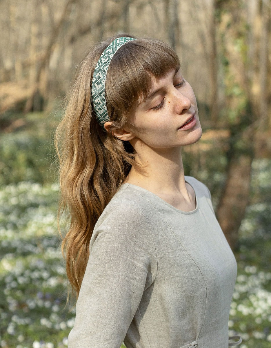'Lina' embroidered linen headband green