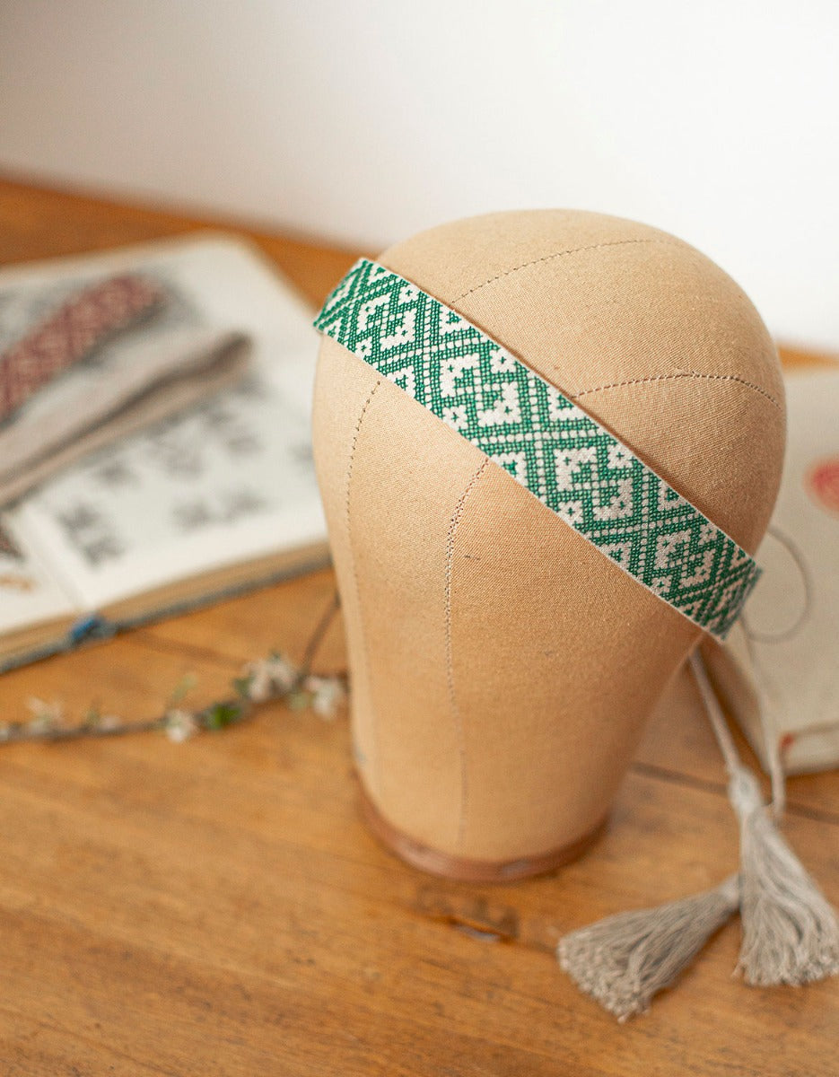 'Lina' embroidered linen headband green