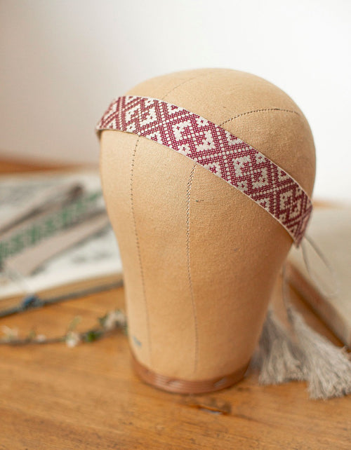 Bandeau pour cheveux 'Lina' en lin brodé bordeaux
