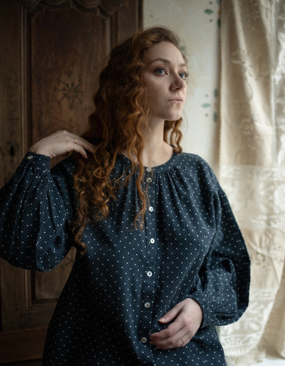 "Mara" night blue print cotton blouse