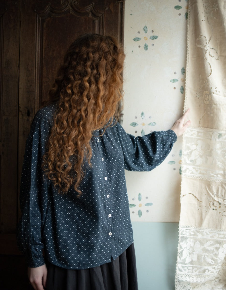 "Mara" night blue print cotton blouse