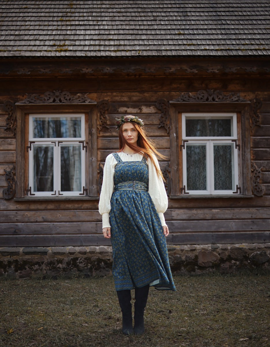 Robe longue 'Mari' imprimé baies brodé bleu