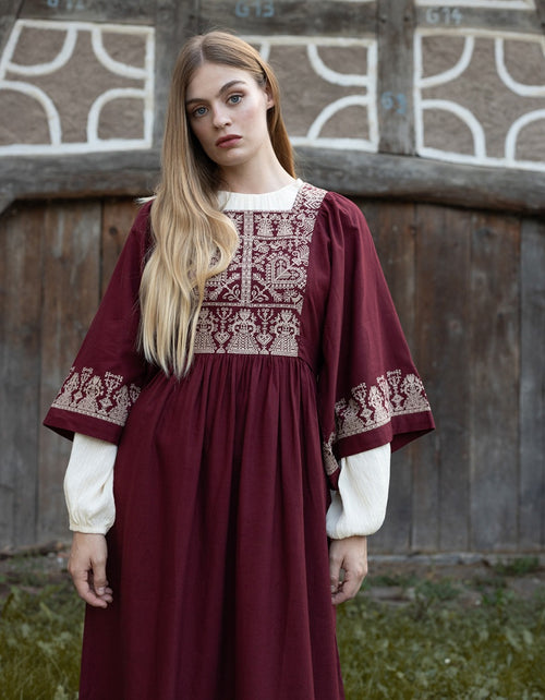 "Meredith" burgundy dress with cream embroideries