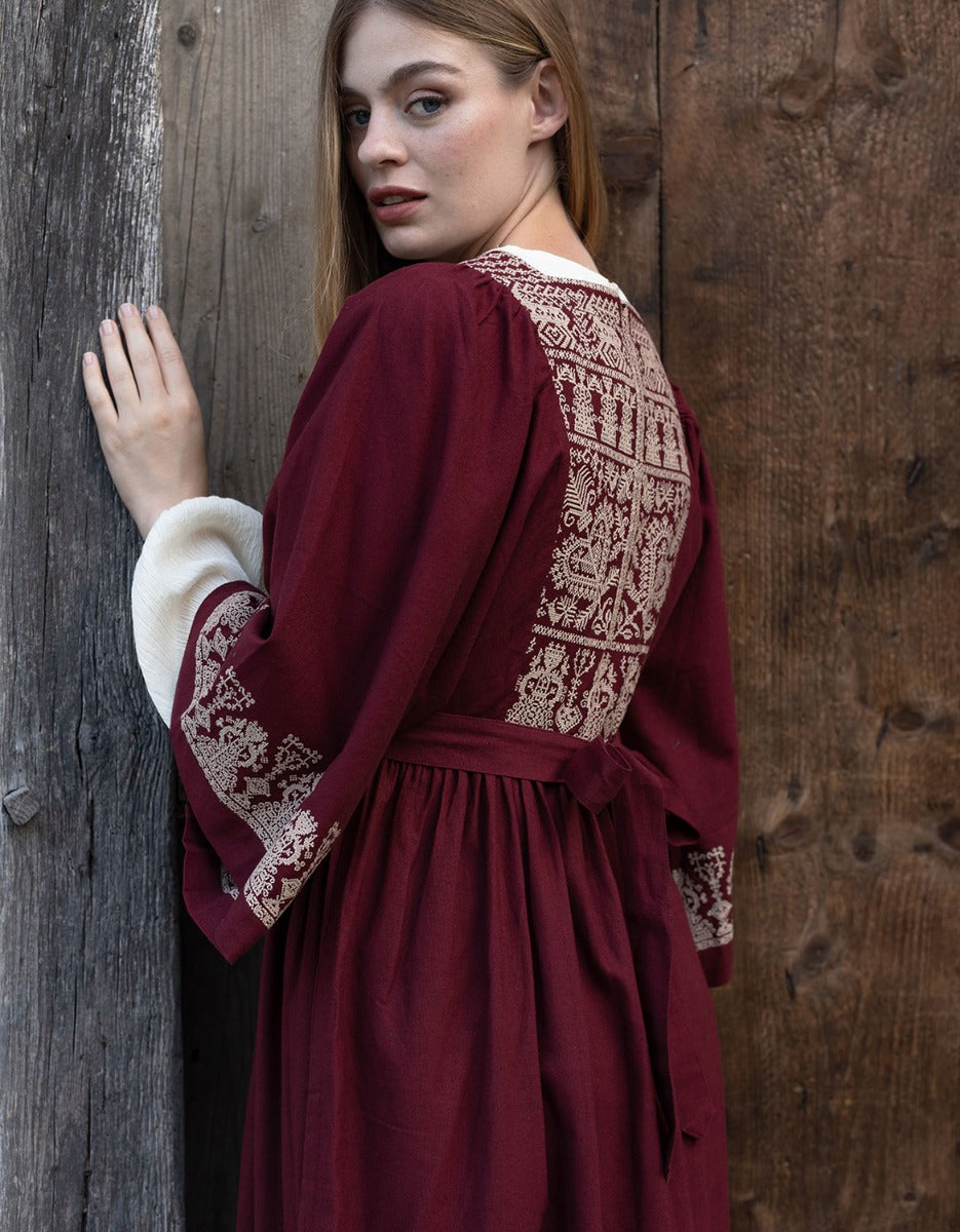 "Meredith" burgundy dress with cream embroideries