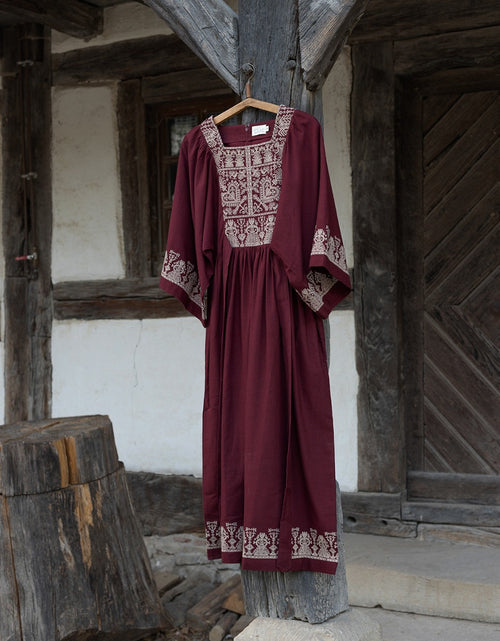 "Meredith" burgundy dress with cream embroideries