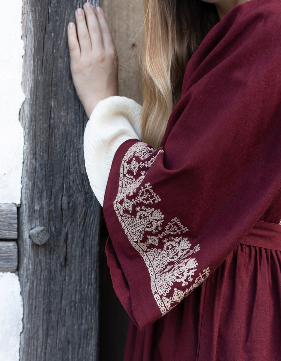 Meredith burgundy dress with cream embroideries