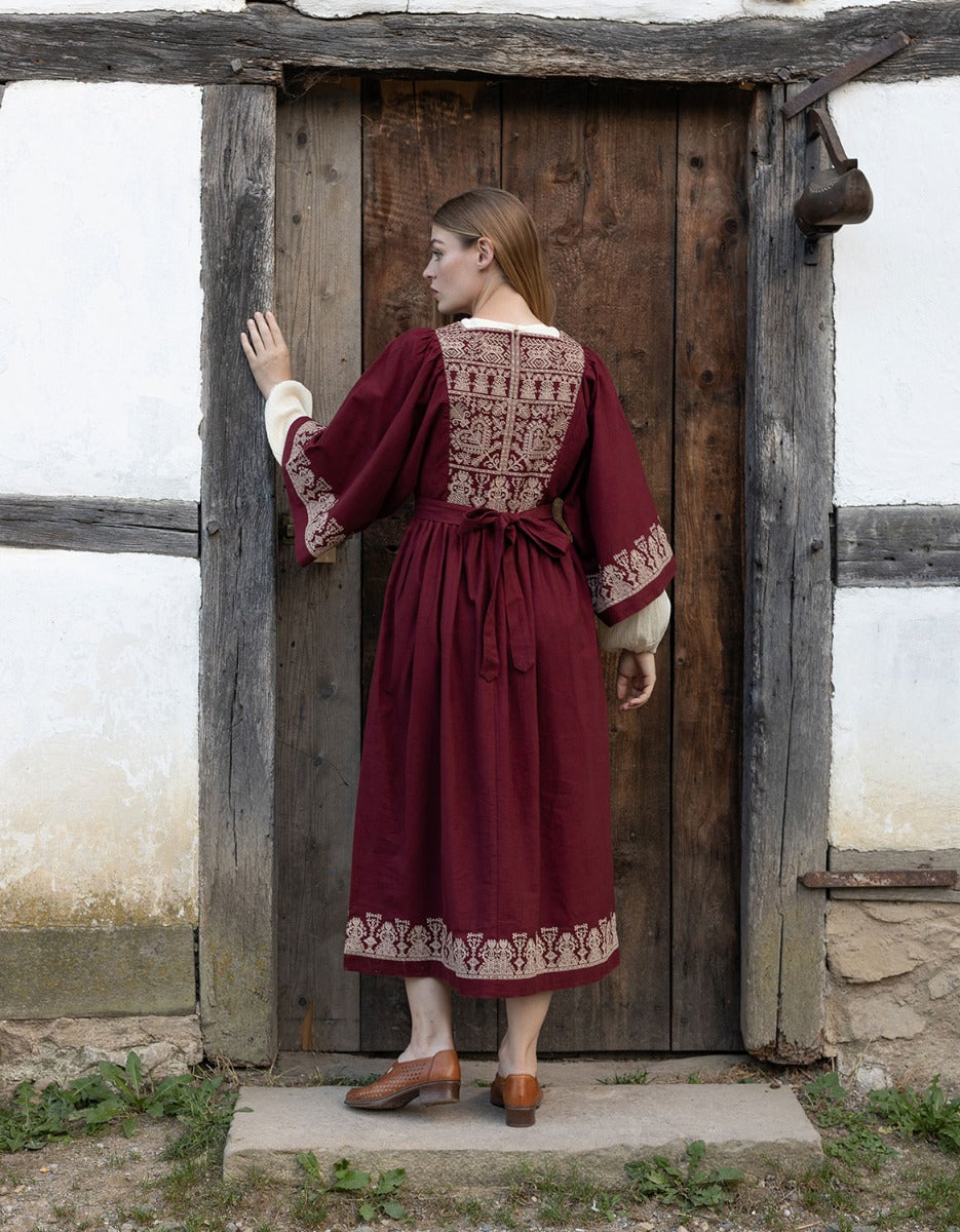 "Meredith" burgundy dress with cream embroideries