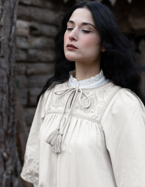 "Mila" dress ceramic off white with nuanced embroideries