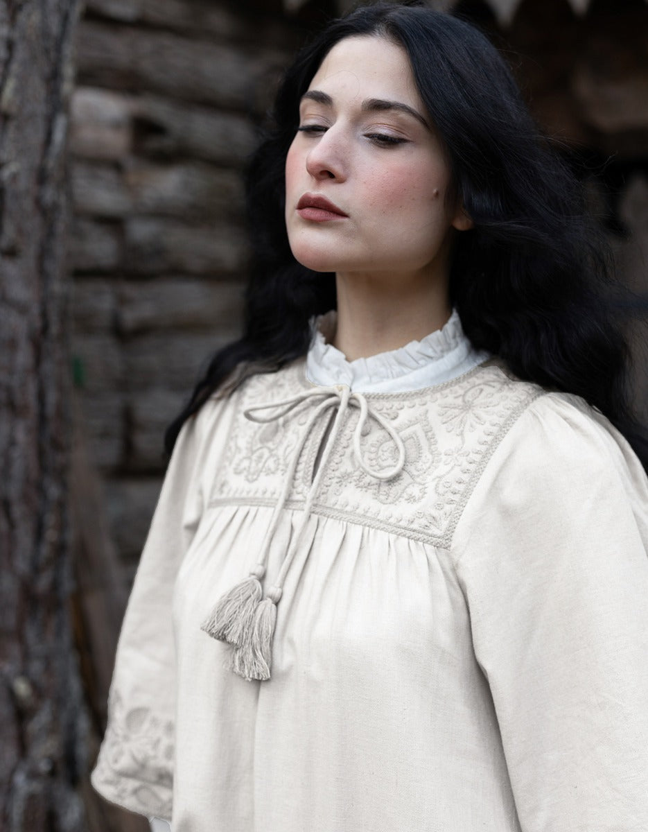 "Mila" dress ceramic off white with nuanced embroideries