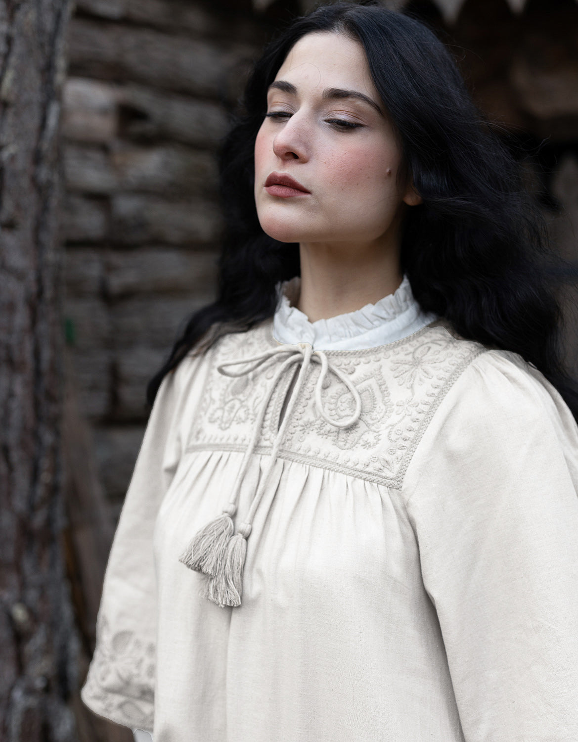 "Mila" dress ceramic off white with nuanced embroideries