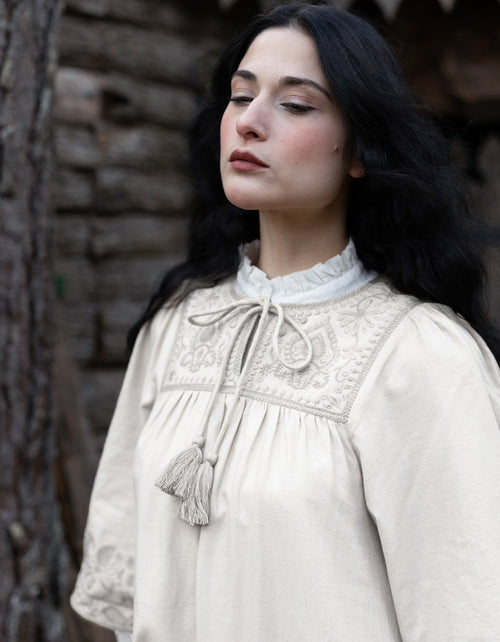 "Mila" dress ceramic off white with nuanced embroideries