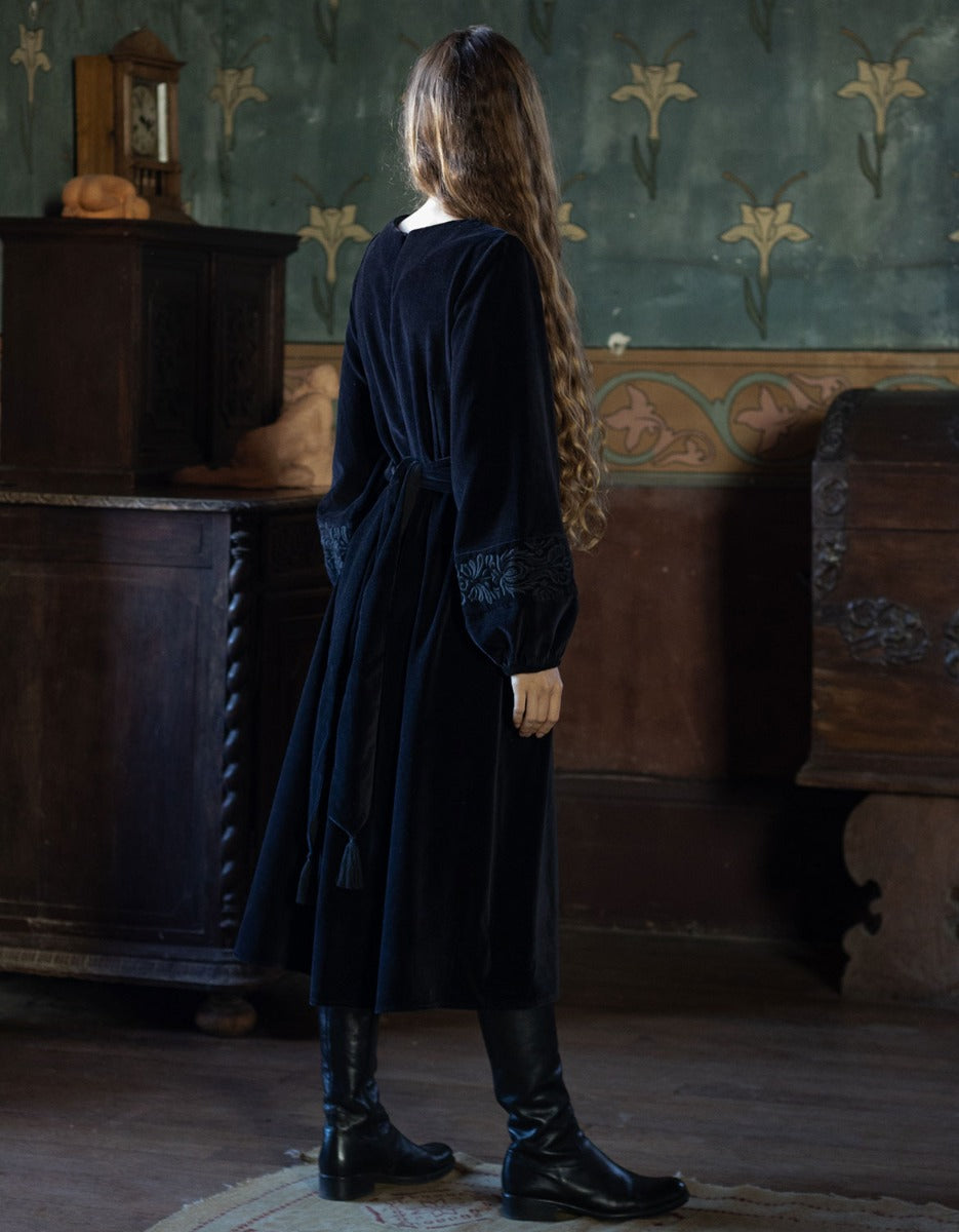 "Misha" embroidered black velvet dress