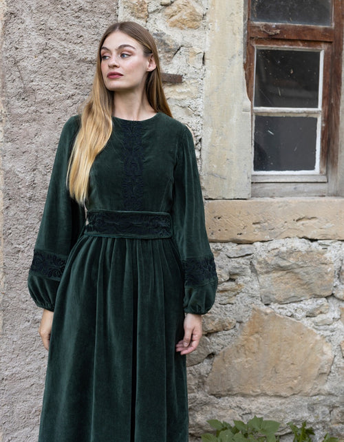 "Misha" embroidered ivy green velvet dress