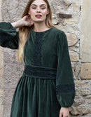"Misha" embroidered ivy green velvet dress