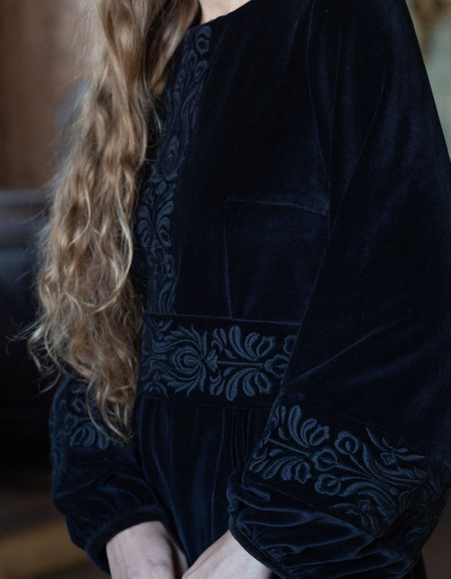 "Misha" embroidered black velvet dress