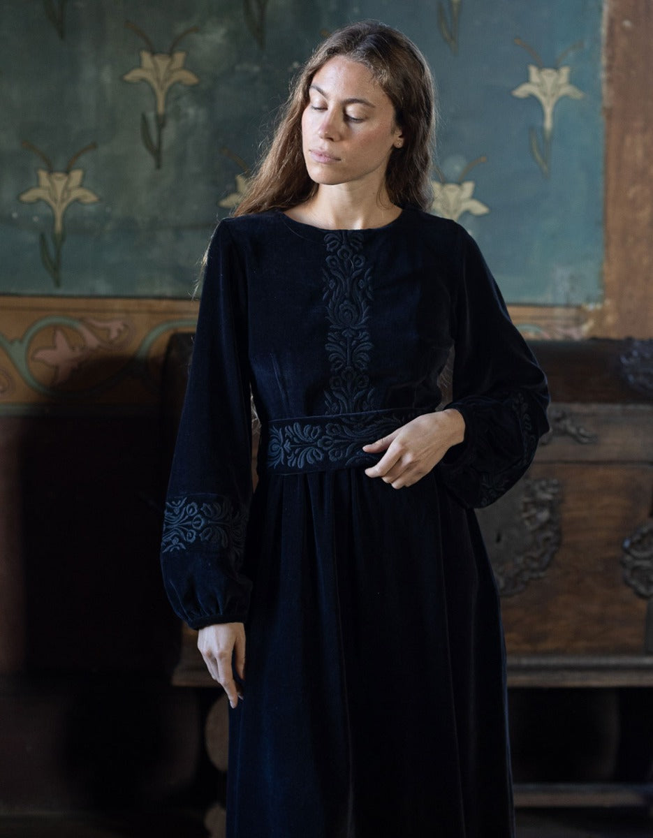 "Misha" embroidered black velvet dress