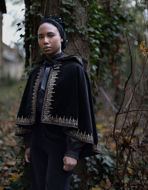 "Nelda" embroidered black velvet cape