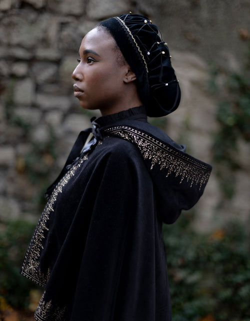 "Nelda" embroidered black velvet cape