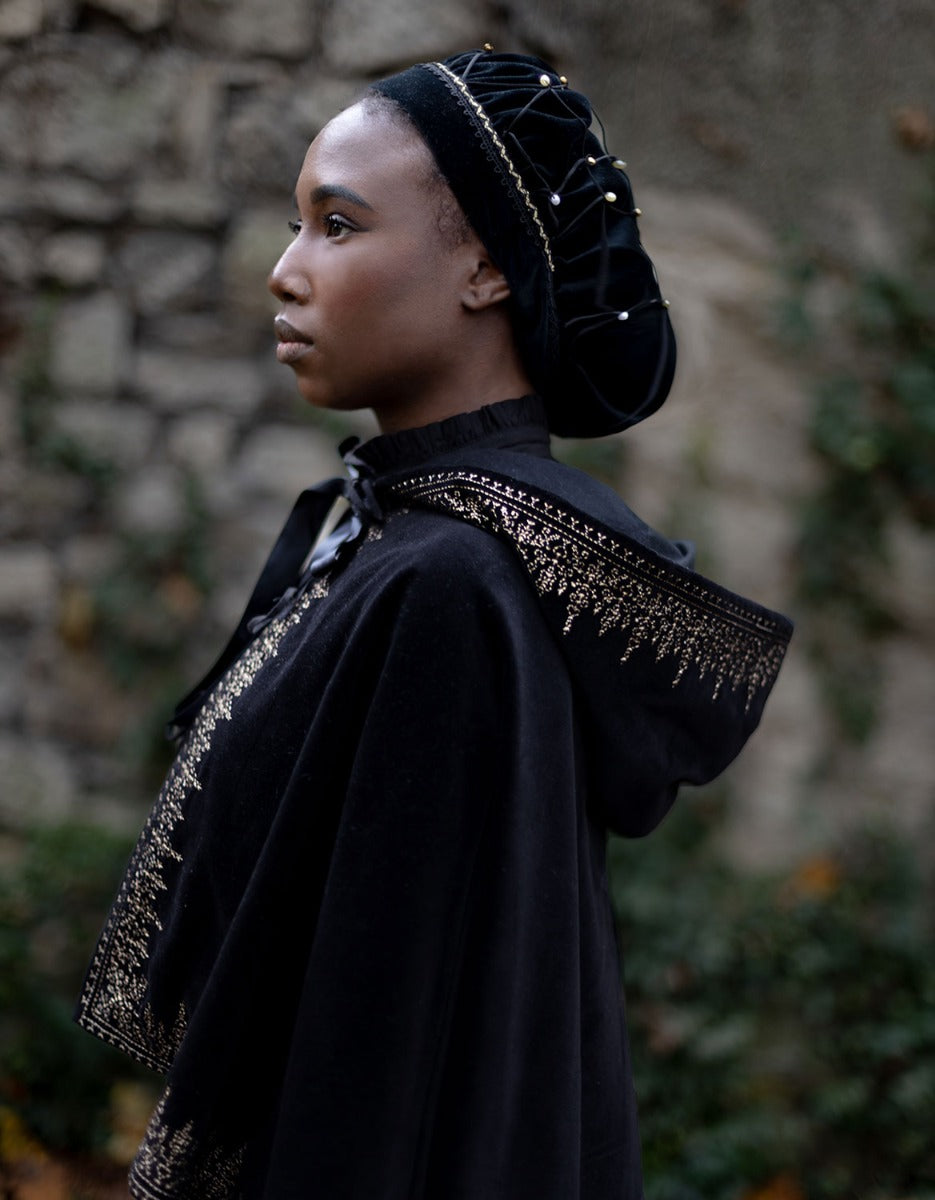 "Nelda" embroidered black velvet cape