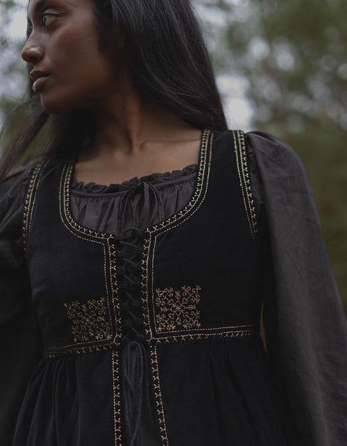 "Nelda" embroidered black velvet over dress