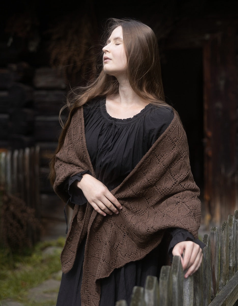 Étole 'Norna' pure laine et maille ajourée châtaigne