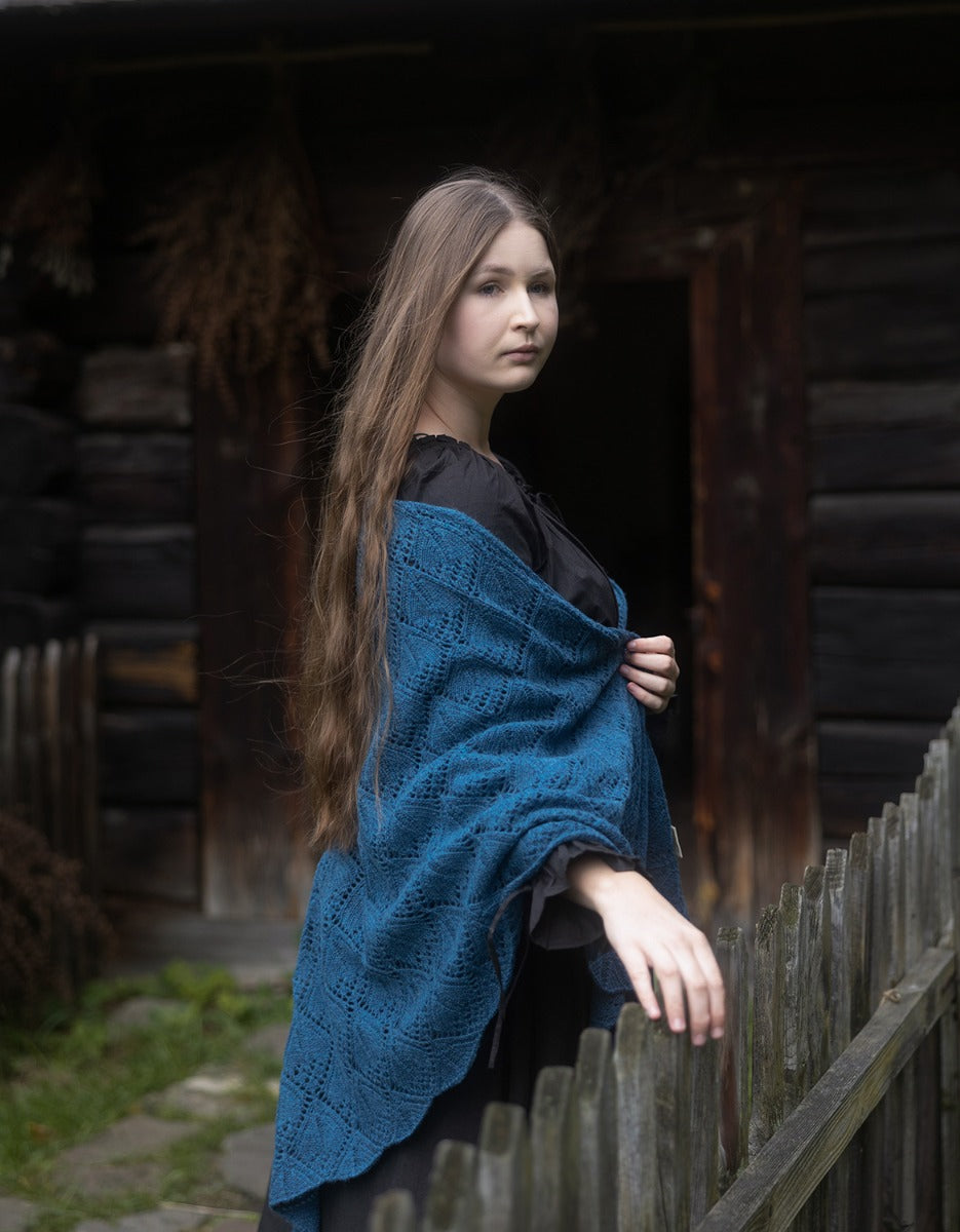 Étole 'Norna' pure laine et maille ajourée lagon