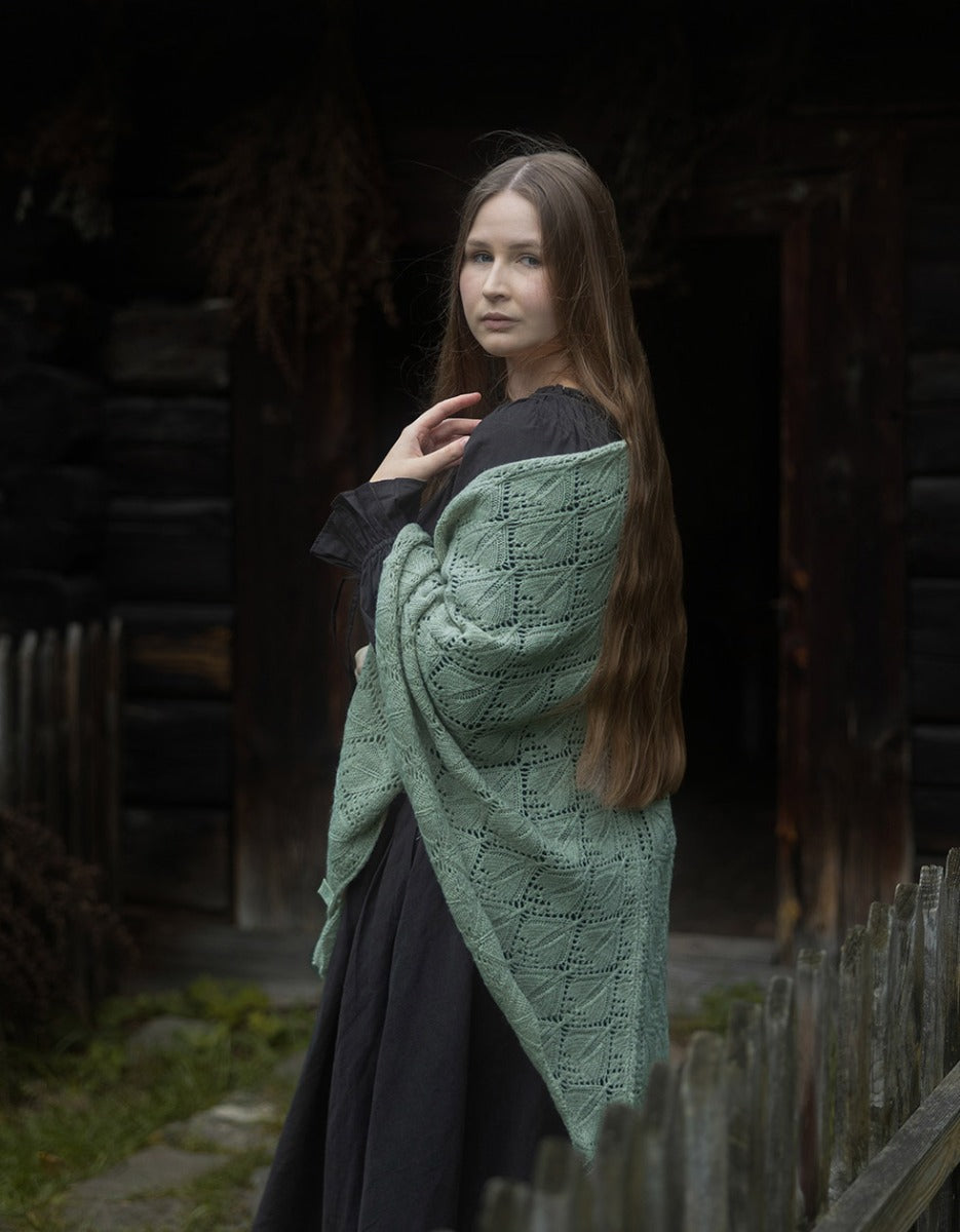 Étole 'Norna' pure laine et maille ajourée lichen