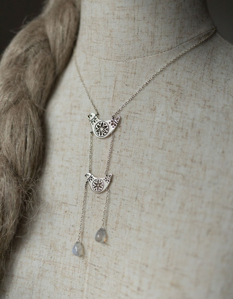 'Svyra' lituanian birds necklace in sterling silver with moonstone drops
