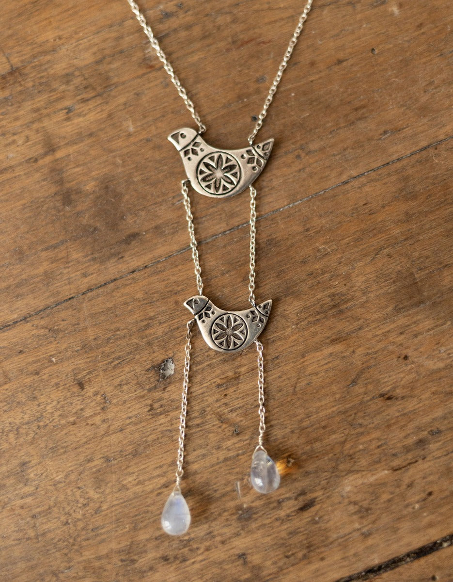 'Svyra' lituanian birds necklace in sterling silver with moonstone drops