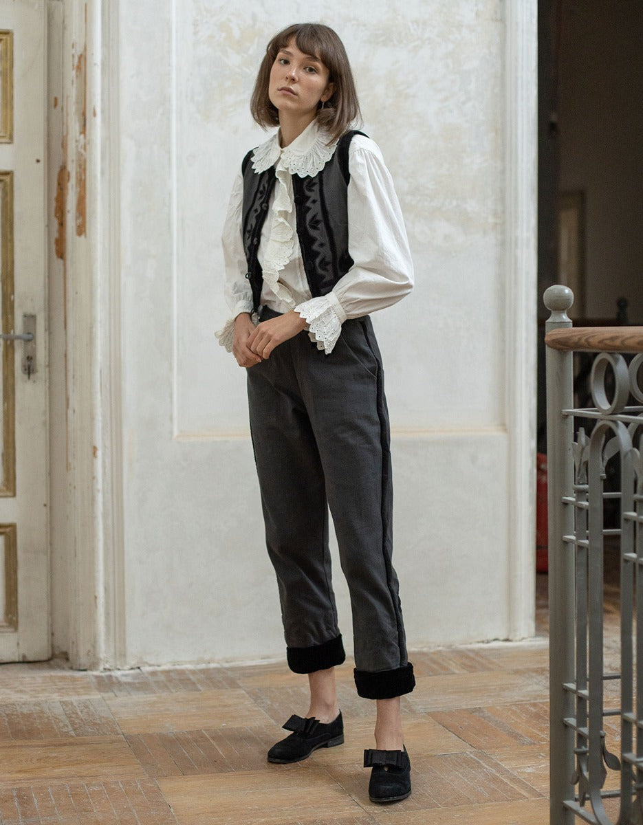 Pantalon 'Tanya' charbon et velours