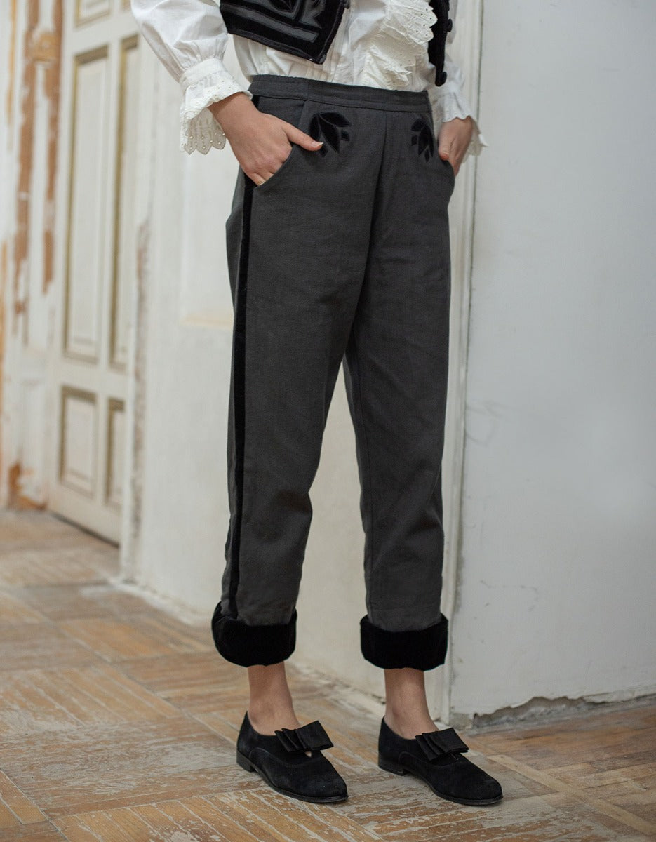 Pantalon 'Tanya' charbon et velours