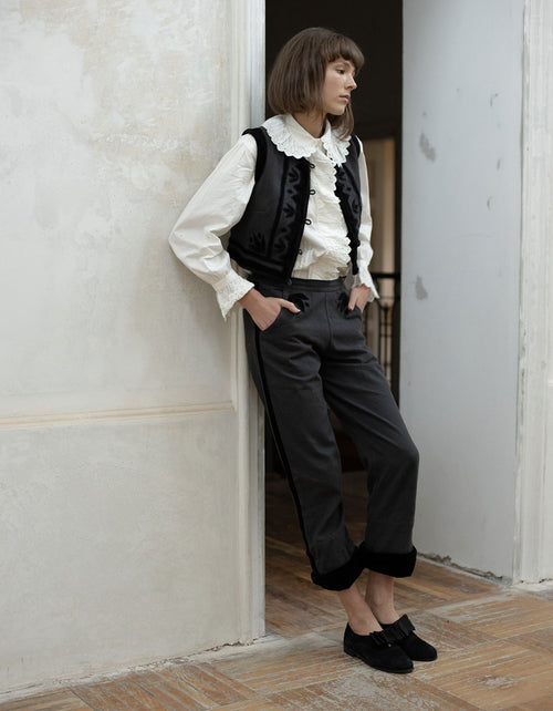 Pantalon 'Tanya' charbon et velours