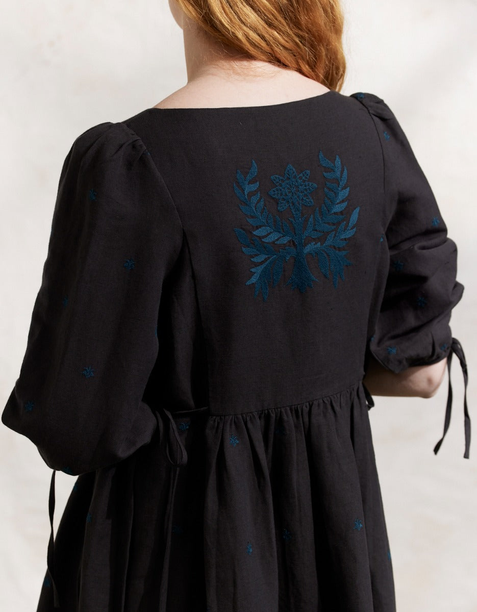"Tara" embroidered linen dress with 3/4 sleeves black
